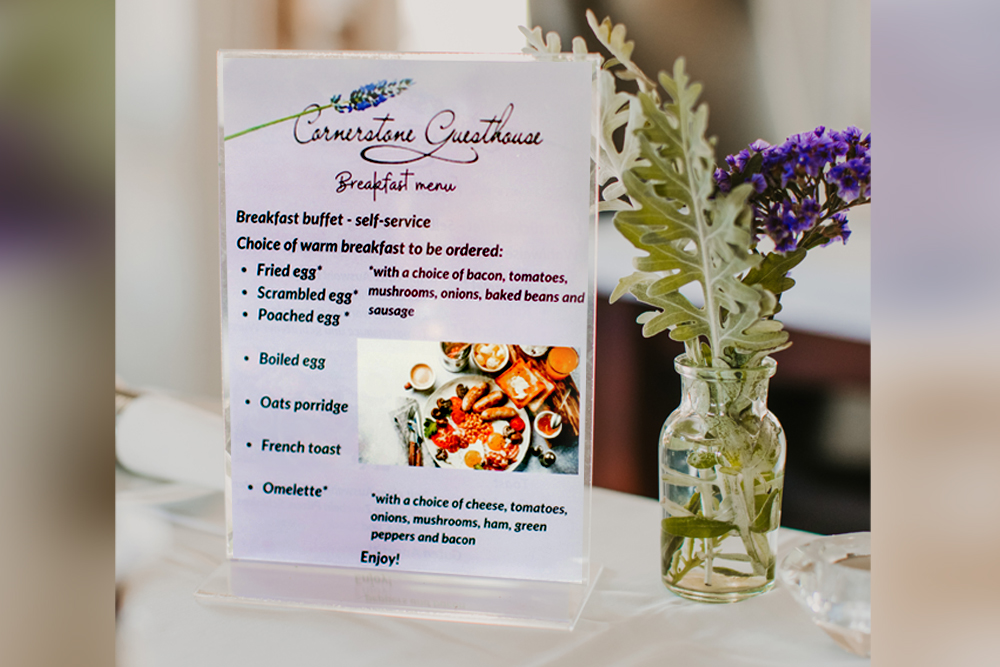 Printed Cornerstone Guesthouse breakfast menu