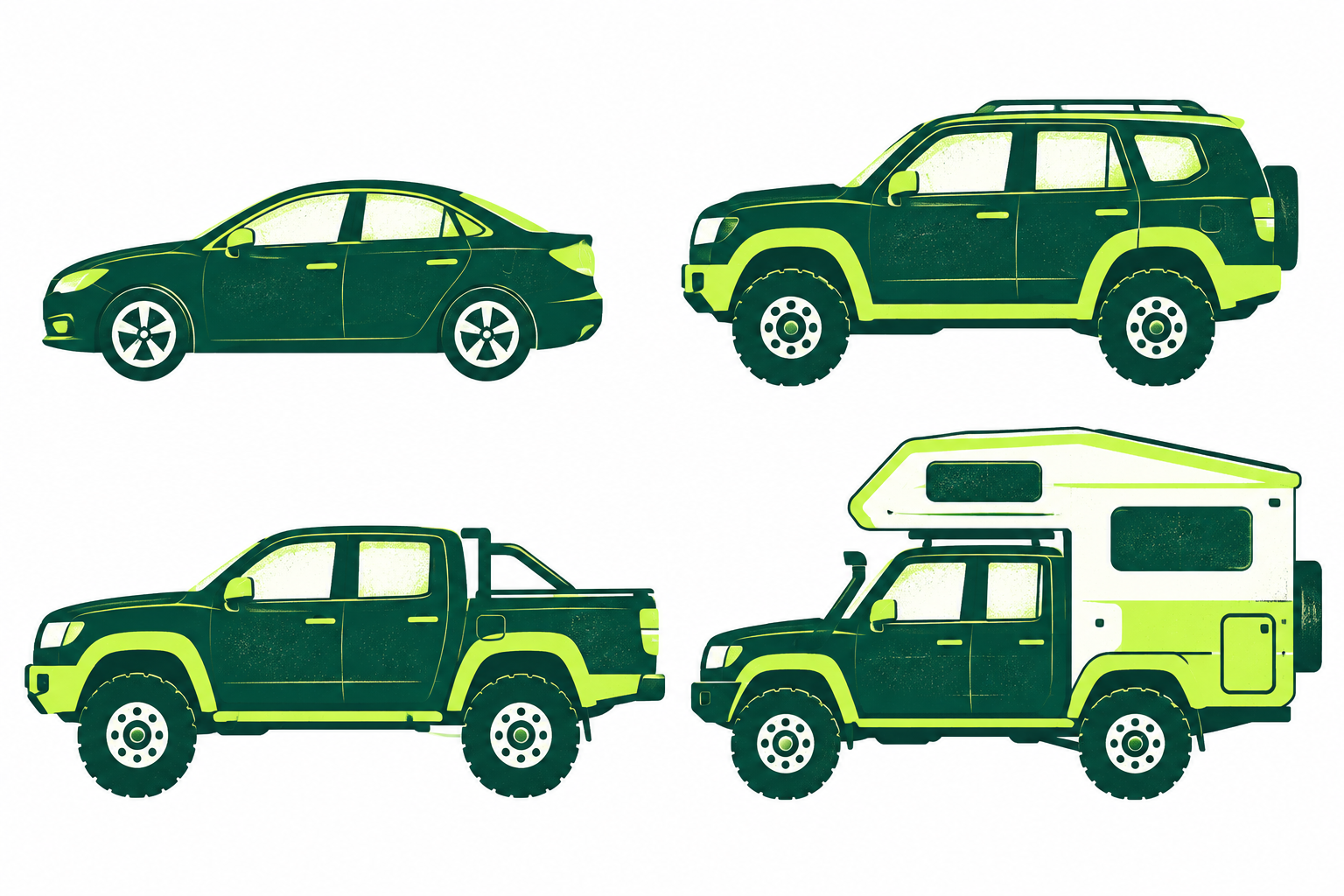 AI-generated illustration of generic sedan, SUV, utility 4x4 and camper body types. Appearance does not establish drivetrain; confirm the exact rental specification.