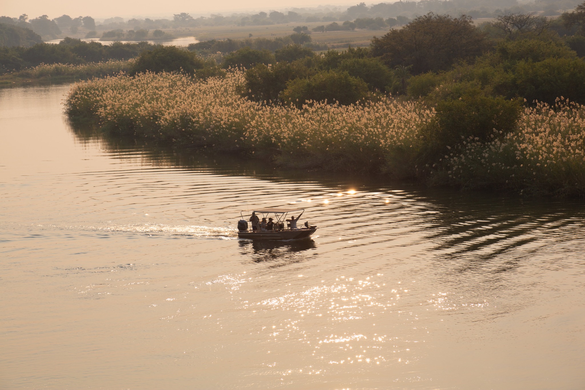 Boat travelling along the broad river