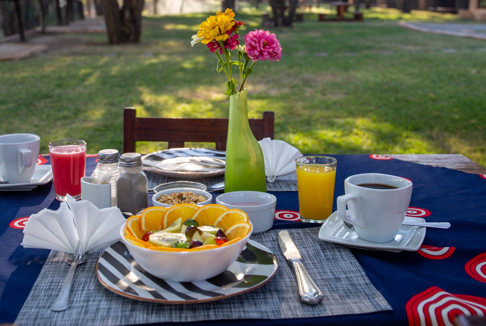 Fruit salad served on a garden table