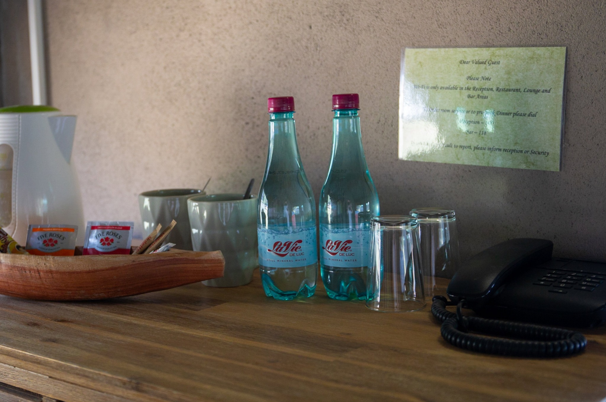 Water, glasses and in-room tea station